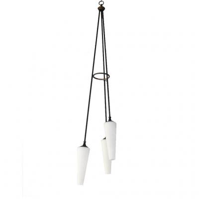 Lustre Italien 1950 En Métal En Tulipes Opaline 175cm