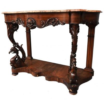 Mahogany Console Napoléon III Mahogany Plated Richly Carved Nineteenth