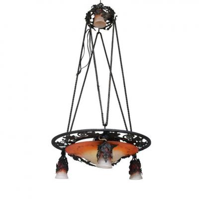 Ceiling Chandelier Wrought Iron Grapes Art Deco 1930 Vasque Schneider