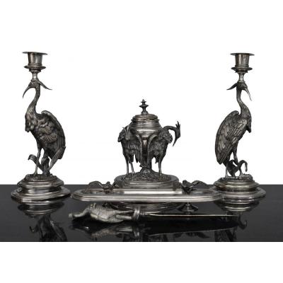 Candlestick Desktop Holder Silver Metal Holder With Herons Late Nineteenth
