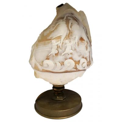Carved Lamp In A Cameo Shell On Bronze Base