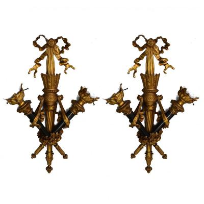 Pair Of Louis XVI Bronze Flambeaux Wall Sconces