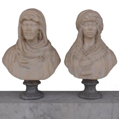 Pair Of Orientalist Busts In Nineteenth Carrara Marble