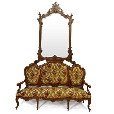 Louis XV Style Bench Tapestry And Mirror Late Nineteenth Time