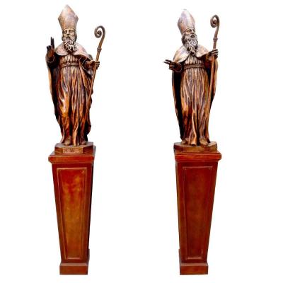 Pair Of Wooden Sculptures Representing 2 Bishops