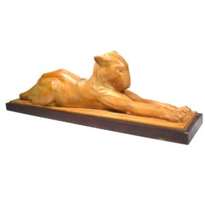 Wood Sculpture Of A Reclining Panther By Christmas Angel Martini Art Deco Period