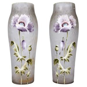 Frosted And Enamelled Glass Vase 1900 With Anemones