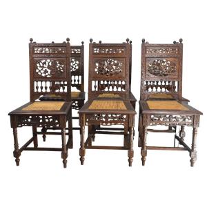 Rare Series Of 6 Indochinese Rosewood Chairs Decorated With Dragons.
