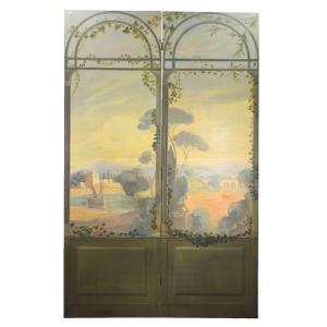 Pair Of Screens Painted Canvas Trompe l'Oeil Circa 1900