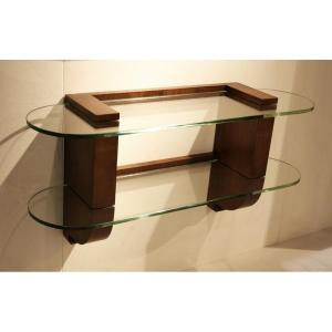 Art Deco Wall Console In Wood And Glass, Signed Jules Leleu