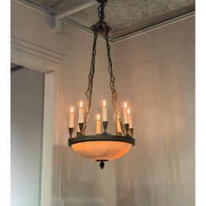 Art Deco Chandelier In Bronze And Alabaster