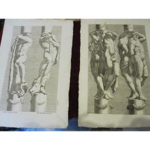 Caryatids: Pair Of Large Engravings Of The S. XVII Drawings By Guido Reni And Ludovico Caracci
