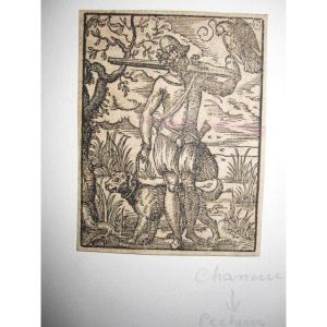 Small Xylographic Engraving: Hunter With Falcon Dog And Arquebuse. 16th Century