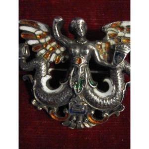 Two-tailed Mermaid. Austro-hungarian Neo-renaissance Medallion. In Enamelled Silver