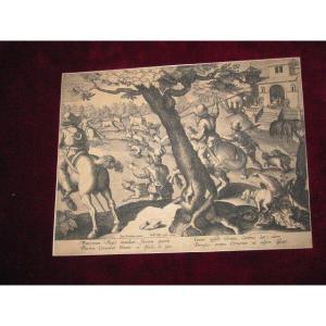 Hunting Scene. Copper Engraving Of The S. XVII. Composition Of Stradanus Engraved By Galle