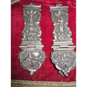 Silver Book Closures Carved With Moses, Aaron And The Evangelists Mark And Matthew