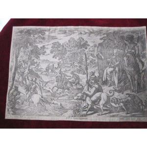 Hunting Scene. Copper Engraving By Antonio Tempesta. 16th-17th Centuries