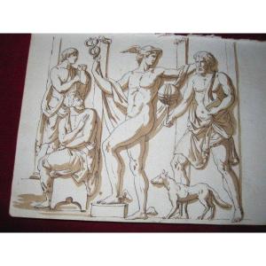 Mythological Scene. Ink And Wash Drawing Attributed To: Jean Guillaume Moitte.1746-1810