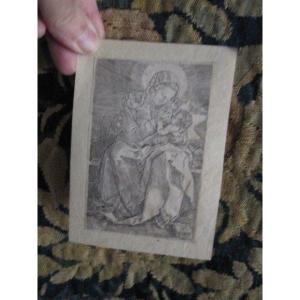 Virgin And Child Jesus. Copper Engraving By Albrecht Dürer. Specular Version. 16th Century