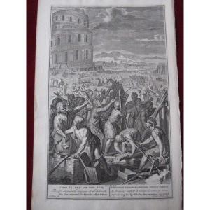 The Construction Of The Tower Of Babel. Copper Engraving Signed A. Van Buisen