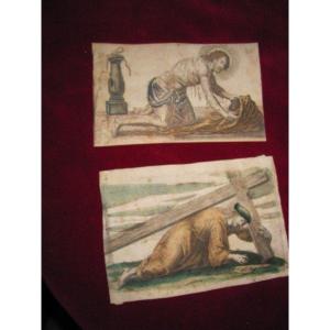 Two Pious Prints Engraved On Paper And Colored From The 17th Century