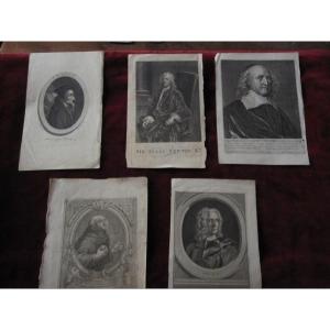 5 Engravings From The S. XVII And XVIII. Calvin, Newton And 3 Other Characters