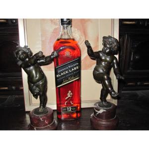 Couple Of Bacchante Children Dancing In Bronze. Marble Bases. 19th Century