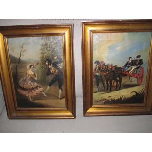 Andalusians Dancing And In A Carriage. 2 Oil Paintings On Canvas Romantic Period 19th C