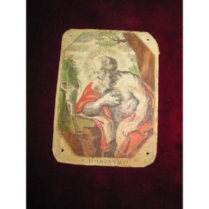 Saint Geronimo. Printing On Colored Parchment From The 17th Century