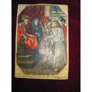 Jesus Before The Jewish Priests. Engraving On Colored Parchment. Signed Huberti. 17th Century