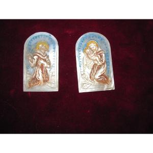 Saint Francis And Saint Antonio Of Padua. Two Nacar Plates With Remains Of Polychrome. 18th