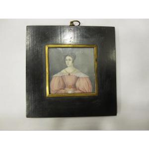 Portrait Of A Lady From The Empire Period. Miniature On Vellum With Original Frame.