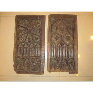 Two Carved Wooden Panels With Gothic Architectural Motifs. 15th Or 16th Century.