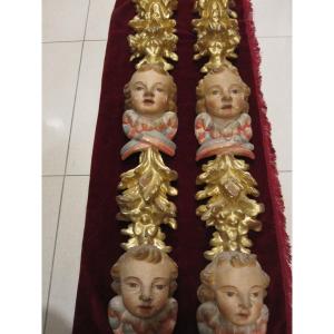 Pair Of Baroque Pilasters In Gilded And Polychrome Wood. Fragments Of A 17th-century Altarpiece.