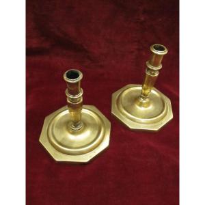 Pair Of 16th Century Bronze Candlesticks With Octagonal Base And Balustraded Body.