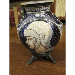 Limoges Enamel Vase. Neo-renaissance Style With Bronze Base. 19th Century.