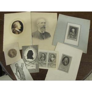 Collection Of Portraits. 2 Drawings And 7 Engravings. 18th And 19th Centuries.