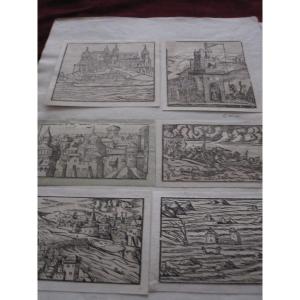Ten 16th-century Wood Engravings. Views Of Towns, Castles And Countryside.
