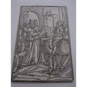 Small 16th-century Wood Engraving. A Knight Being Received By The Pope At The City Gates.