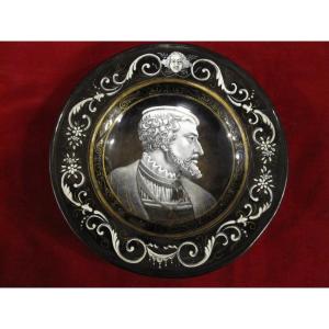 Limoges Enamel Bowl. Decorated With A Grisaille Portrait Of Emperor Charles V.
