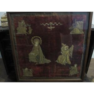 Velvet Fabric Embroidered With An Annunciation And The Four Evangelists. 15th Or 16th Century