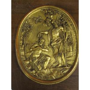 Baptism Of Christ. 18th-century Relief In Carved And Gilded Wood