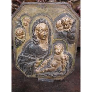Virgin And Child. Polychrome Cast Iron Plaque. 16th Century