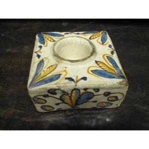 Talavera Ceramic Inkwell Or Salt Cellar. Tricolor Series: Blue, Orange And Manganese. 16th