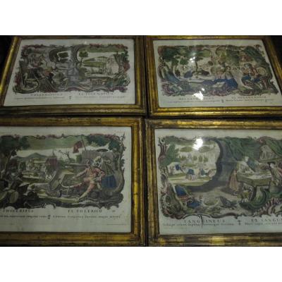 The Four Temperaments. 18th Century Color Copper Engravings