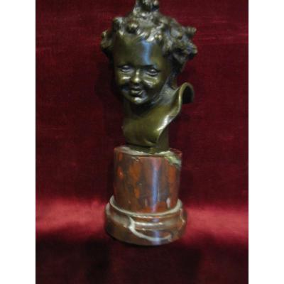 Small Bust Of A Child. Bronze And Marble. Signed C. Clovu. Nineteenth Century
