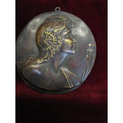 Modernist Bronze Medallion Representing A Woman With Poppies As An Allegory Of The Sommei