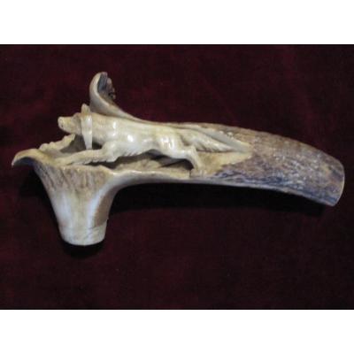 Beautifully Carved Stag Antler Cane Handle. With A Stalking Dog Scene
