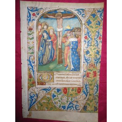 Miniature Sheet From A Book Of Hours With A Crucifixion Scene. Atelier De Bruges, S. XV