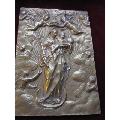 Virgin Crowned With Angels. Bronze Devotion Plaque. Habsburg 17th Century